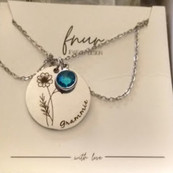 Fnur Jewelry Jewelry - FNUR JEWELRY Aquamarine Birthstone 'Grammie' Engraved Stainless Necklace**NEW!